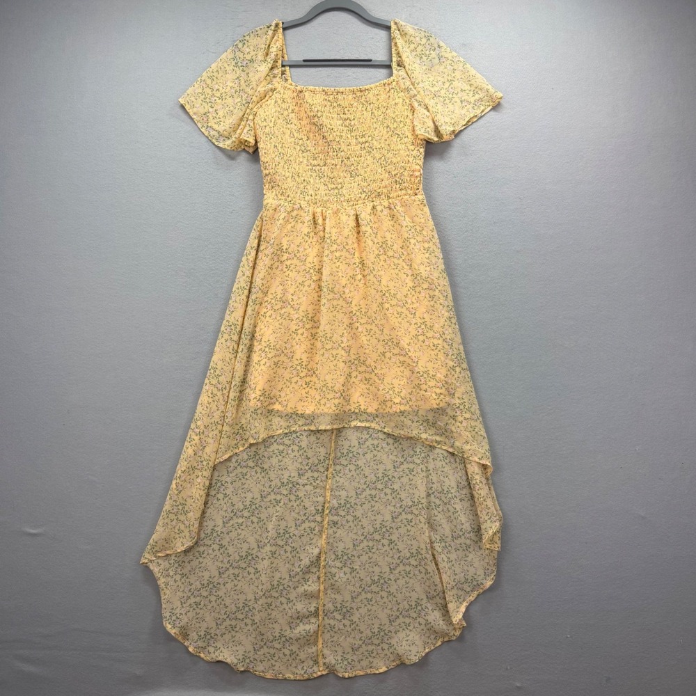 AS U WISH High Low Dress Women Medium Yellow Floral Smock Chiffon Flutter Sleeve